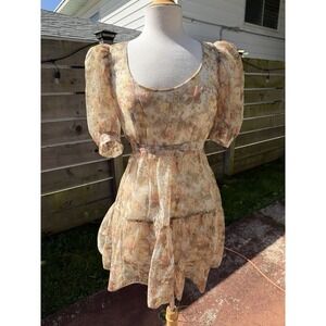 Danielle Bernstein Yellow‎ Floral Sheer Puff Sleeve Mini Dress Coquette Fairy